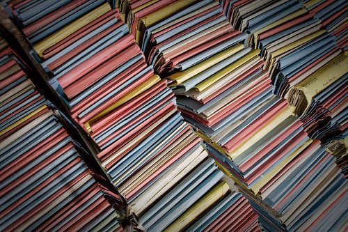 Thousands of colorful files, neatly stacked in columns.