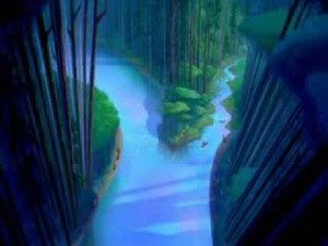 Choices - a screen capture from the Disney animation, Pocahontas, showing a fork in the river with one branch being a wide, smooth course and the other being narrow and winding.