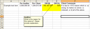 Typical audit testing queries.  A spreadsheet full of cells with differences, with commented questions and highlighted in yellow.