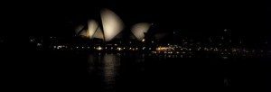 View of the Sydney Opera House at midnight from the Overseas Passenger Terminal at the Rocks.