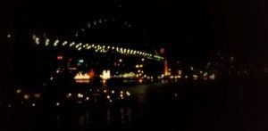 View of the Sydney Harbour Bridge at midnight from the Overseas Passenger Terminal at the Rocks.