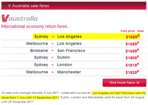 V Australia - Sydney to LA on sale